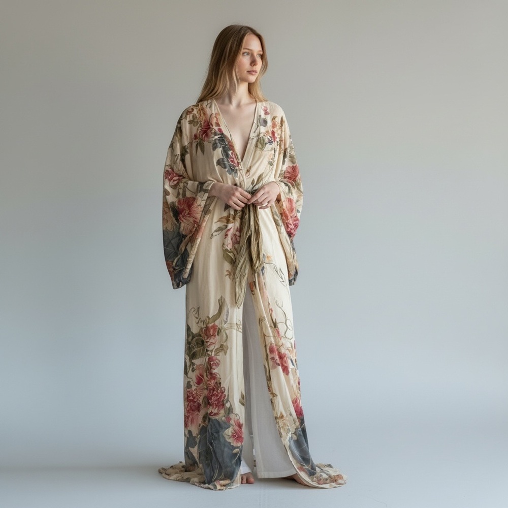 Floral Boho Kimono Robe Dress Size Small Flowing Maxi NEW - Picture 4 of 4